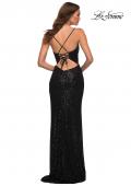 Picture of: Long Sequin Gown with Wrap Style Top and Slit in Black, Back Picture