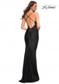 Picture of: Jewel Tone Jersey Gown with Sheer Lace Bodice in Black, Back Picture