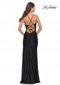 Picture of: Drape Neckline Jeweled Jersey Prom Dress with High Slit in Black, Style: 31221, Back Picture