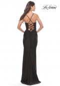 Picture of: Sheer Lace Bodice with Scallop Edge Jersey Long Dress in Black, Style: 31272, Back Picture