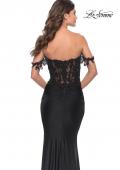 Picture of: Sheer Lace Bodice with Off the Shoulder Straps and Jersey Skirt Gown in Black, Style: 31314, Back Picture