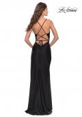 Picture of: Fringe Beaded Slit Jersey Gown with Lace Up Back in Black, Style: 31326, Back Picture