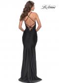 Picture of: Lace Sheer Bodice Dress with Scallop Details and Ruched Skirt in Black, Style: 31336, Back Picture