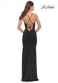 Picture of: Fitted Matte Jersey Gown with Unique Deep V Neckline in Black, Style: 31370, Back Picture