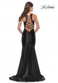 Picture of: Trumpet Liquid Jersey Dress with Deep V Mesh Neckline in Black, Style: 31377, Back Picture