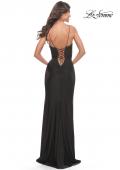 Picture of: Jersey Dress with Lace Up Deep V Neckline in Black, Style: 31553, Back Picture