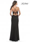 Picture of: Lace Bodice with Tie Up Deep V Neckline Jersey Dress in Black, Style: 31567, Back Picture