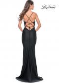 Picture of: Beaded Illusion Top with Ruched Jersey Skirt Prom Dress in Black, Style: 31920, Back Picture