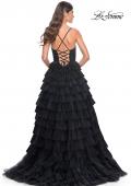 Picture of: Tiered Ruffle Tulle Prom Dress with Rhinestone Embellished Bodice in Black, Style: 32002, Back Picture