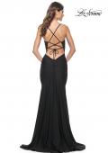 Picture of: Fitted Jersey Prom Dress with Full Rhinestone Illusion Bodice in Black, Style: 32079, Back Picture
