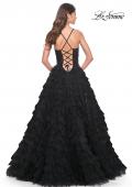 Picture of: Ruffle A-Line Dress with Ruched Bodice and Sequin Lace Applique in Black, Style: 32108, Back Picture
