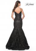 Picture of: Mermaid Print Sequin Dress with Scallop Detail Neckline in Black, Style: 32118, Back Picture