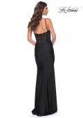 Picture of: Sheer Lace Top with Ruched Jersey Skirt Prom Dress in Black, Style: 32132, Back Picture