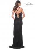 Picture of: Fishnet Rhinestone Prom Dress with Bustier Top and High Slit in Black, Style: 32210, Back Picture