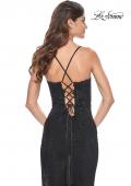 Picture of: Rhinestone Fishnet Gown with Lace Detail and High Slit in Black, Style: 32218, Back Picture