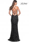 Picture of: Black Print Sequin Gown with Square Neckline in Black, Style: 32255, Back Picture