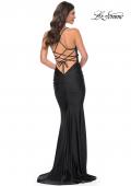 Picture of: Ruched Jersey Dress with Rhinestone Mesh Draped Top in Black, Style: 32319, Back Picture