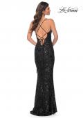 Picture of: Black Print Sequin Stretch Dress with Lace Up Back in Black, Style: 32415, Back Picture