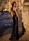 Picture of: Unique Stretch Satin Gown with Corset Bodice and Open Back in Black , Style 32683, Back Picture