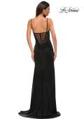Picture of: Illusion Lace Top Prom Dress with Ruched Jersey Skirt in Black , Style 32803, Back Picture