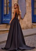 Picture of: Mikado A-line Gown with Lace Detail Neckline in Black , Style 32878, Back Picture