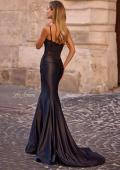 Picture of: Fitted Satin Mermaid Gown with Lace Bodice and Deep V in Black , Style 32916, Back Picture