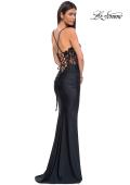 Picture of: Lovely Ruched Jersey Dress with Sequin Lace Beaded Bodice in Black , Style 32920, Back Picture