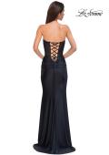 Picture of: Intricate Ruched Corset Bodice Prom Dress with Jersey Skirt in Black , Style 32971, Back Picture