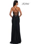 Picture of: Criss Cross Ruched Evening Dress with High Slit and Lace Up Back in Black , Style: 33115, Back Picture