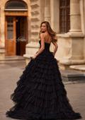 Picture of: Strapless Tiered Ruffle Gown with Pleated Bodice and Front Slit in Black, Style: 33202, Back Picture