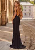 Picture of: Fitted Lace Gown with Plunging Neckline, Ruching, and High Slit in Black, Style: 33293, Back Picture