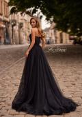 Picture of: Strapless A-Line Gown with Sheer Corset Bodice and High Slit in Black, Style: 33307, Back Picture