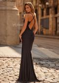 Picture of: Lace Bodice Fitted Gown with Slit and Open Crisscross Back in Black, Style: 33386, Back Picture