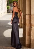 Picture of: Lace and Satin Gown with Sheer Bodice and High Slit in Black, Style: 33419, Back Picture