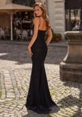 Picture of: Lace Fitted Gown with Ruched Bodice and Sheer Back in Black, Style: 33443, Back Picture