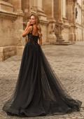 Picture of: Beaded Lace Corset Gown with Sheer Tulle Skirt and Slit in Black, Style: 33499, Back Picture