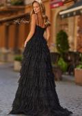 Picture of: Tiered Lace A-Line Gown with Corset Bodice and Slit in Black, Style: 33525, Back Picture