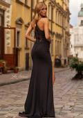 Picture of: Jersey Evening Dress with Rhinestone Lace Bodice and Slit in Black, Style: 33634, Back Picture