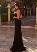 Picture of: Ruched Mesh Gown with Sheer Tiered Skirt and Strappy Back in Black, Style: 33782, Back Picture