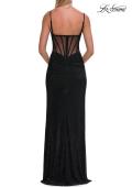 Picture of: Rhinestone Fitted Gown with Draped Bodice and Sheer Corset Back in Black, Style: 33343, Detail Picture 18