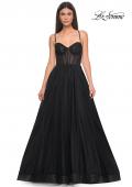 Picture of: A-Line Tulle Gown with High Slit and Illusion Rhinestone Fishnet Bodice in Black, Style: 32135, Detail Picture 21