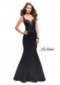 Picture of: Long Mermaid Gown with Sheer Deep V and Beading in Black, Style: 25454, Detail Picture 1