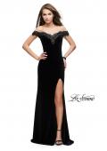 Picture of: Long Velvet Off the Shoulder Gown with Lace Detail in Black, Style: 25591, Detail Picture 1