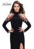 Picture of: Form Fitting Jersey Prom Dress with Floral Applique in Black, Style: 25807, Detail Picture 1