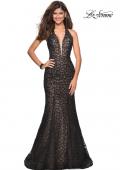 Picture of: Metallic Lace Halter Long Prom Dress with Open Back in Black, Style: 27228, Detail Picture 1
