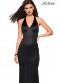 Picture of: Form Fitting Halter Satin Dress with Open Back in Black, Style: 27653, Detail Picture 1