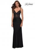 Picture of: Jersey Gown with Sheer Lace Bodice and Ruching in Black, Style 29774, Detail Picture 1