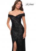 Picture of: Off the Shoulder Ruched Sequin Dress with Slit in Black, Style 29831, Detail Picture 1