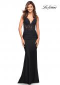 Picture of: Illusion Lace V Neck Top with Jersey Skirt Dress in Black, Style: 30757, Detail Picture 1