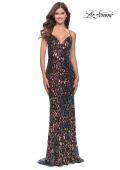 Picture of: Multi Color Print Sequin Dress with Lace Up Back in Black, Style: 31206, Detail Picture 1